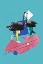 Vertical collage picture of ostrich birds anonymous different people in costumes wearing colorful pants isolated on blue