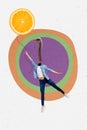 Vertical collage picture of ostrich head girl arm hold string flying orange slice balloon on creative