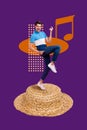 Vertical collage picture of overjoyed person standing big straw sunhat dance play imagine guitar