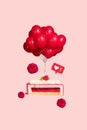 Vertical collage picture of piece cake red balloons decoration pouted lips kiss like notification instagram facebook Royalty Free Stock Photo