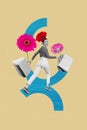 Vertical collage picture of positive black white gamma girl hold bags running big gerbera flowers isolated on beige Royalty Free Stock Photo