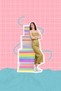 Vertical collage picture of positive girl folded arms look huge pile stack book isolated on painted background