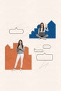 Vertical collage picture poster two remote young girls working distance texting sms social media mobile laptop app Royalty Free Stock Photo