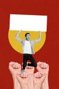 Vertical collage picture poster young shouting man hold blank sign demonstrate rights protest pretense fight riot red