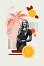 Vertical collage picture smiling girl orange juicy fruit palms exotic environment drawing doodles cheerful girl vacation Royalty Free Stock Photo