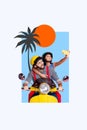Vertical collage picture smiling partners couple woman man driving scooters palm resort vacation riding bike take selfie