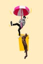 Vertical collage picture of terrified black white colors guy hold flying sun umbrella questioned confused tiger isolated