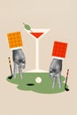 Vertical collage picture of two black white colors arms fingers play golf big martini cocktail glass isolated on Royalty Free Stock Photo