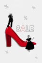 Vertical collage picture of two mini black white colors girls huge red high heel shoe special sale offer isolated on