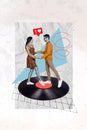 Vertical collage picture of two mini people lovers black white effect hold arms dancing big vinyl record like Royalty Free Stock Photo