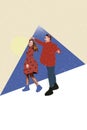 Vertical collage picture of two peaceful partners hold hands dancing snowy weather new year event isolated on painted