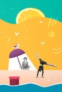 Vertical collage picture of two people black white effect practice exercise yoga drawing world flying birds orange slice