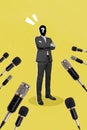 Vertical collage picture of unknown secret person folded arms journalists microphones isolated on yellow background