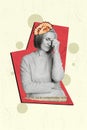 Vertical collage picture of unsatisfied grandmother suffer depression headache pencil shavings inside head piece book Royalty Free Stock Photo