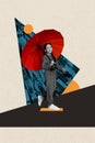 Vertical collage picture walking young kid preteen girl umbrella rain protection step go smile positive mood drawing