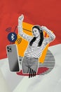 Vertical collage picture young funky dancing woman have fun smartphone bluetooth wireless connection music listener