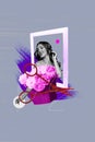 Vertical collage picture young gorgeous woman picture frame flowers blossom plant pink bloom scissors tool drawing Royalty Free Stock Photo
