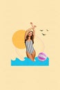 Vertical collage picture of young gorgeous woman wear striped swimsuit careless lifeguard in water tanning isolated on