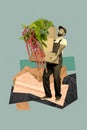 Vertical collage picture young man carry carton boxes uniform worker delivery service shipment order plant flora fresh Royalty Free Stock Photo