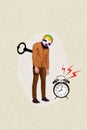 Vertical collage picture young standing headless man sloth head face alarm clock ring miss deadline lazy oversleep work