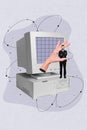 Vertical collage portrait of arm fingers hold mini classy guy big vintage pc monitor isolated on painted background Royalty Free Stock Photo