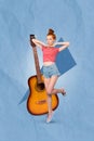 Vertical collage portrait of carefree girl jumping pouted lips big acoustic guitar  on painted background Royalty Free Stock Photo