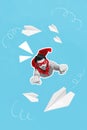 Vertical collage portrait of confident brave super guy raise fists flying paper planes isolated on blue background