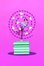 Vertical collage portrait of excited cheerful girl stand big pile stack book flying paper planes isolated on purple