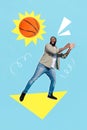 Vertical collage portrait of excited positive guy arms catch basketball isolated on drawing creative background