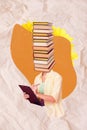 Vertical collage portrait of girl pile stack book instead head hold pen write clipboard on painted background