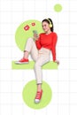 Vertical collage portrait of positive person sitting hold use telephone chatting social media isolated on creative