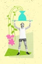 Vertical collage portrait of sportive black white gamma mini guy arms hold push big flower pot isolated on creative Royalty Free Stock Photo