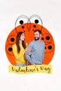 Vertical collage portrait of two cheerful peaceful people hold arm look each other isolated on painted valentine day