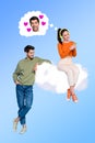 Vertical collage portrait of two people girl sitting cloud chatting boyfriend isolated on creative blue background