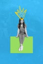 Vertical collage portrait of young person sitting square black white gamma drawing crown above head