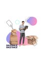 Vertical collage of positive guy use netbook order pile stack carton boxed shipment sale proposition isolated on white