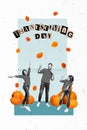 Vertical collage postcard of smiling cheerful people celebrating thanksgiving day dancing outdoors under falling dry Royalty Free Stock Photo