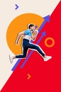 Vertical collage poster banner young running man go upwards reach success increase earnings arrows rise top motivation Royalty Free Stock Photo