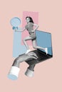 Vertical collage poster 3d hands body fragments laptop digital device screen user runner girl alarm clock timer