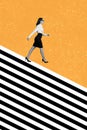 Vertical collage poster illustration black white effect serious bossy charm young woman walk miniature zebra striped