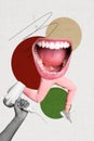 Vertical collage poster image running headless person scared afraid frustrated hair dryer huge mouth scream shout yell