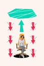 Vertical collage poster sitting girl progress regress arrows increase achieve top upwards decrease crisis broke failure