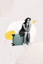 Vertical collage poster sitting luggage valise sad traveler girl miss late departure travel agency promotion vacation Royalty Free Stock Photo