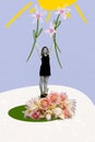 Vertical collage poster standing young happy girl receive flowers present bouquet rise showing march springtime season Royalty Free Stock Photo