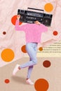 Vertical collage poster weird funky unknown glamour girl sketch dance oldschool party 90s headless boombox stereo bubble Royalty Free Stock Photo