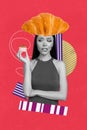 Vertical collage poster young girl hold cupcake tempting yummy delicious sugary bakery huge croissant head wanted Royalty Free Stock Photo