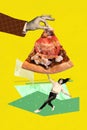 Vertical collage poster young running woman touch pizza slice junk fastfood calories unhealthy nutrition yellow