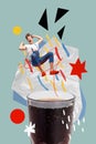 Vertical collage poster young screaming man jump glass mug coke cola pool swim friday pub party crazy fun drawing