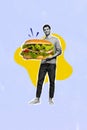 Vertical collage poster young smiling man burger sandwich meal lettuce buns calories food unhealthy nutrition delicious