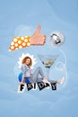 Vertical collage of red hair young lady sit brochure friday party confirmation sign disco ball drink martini isolated on Royalty Free Stock Photo